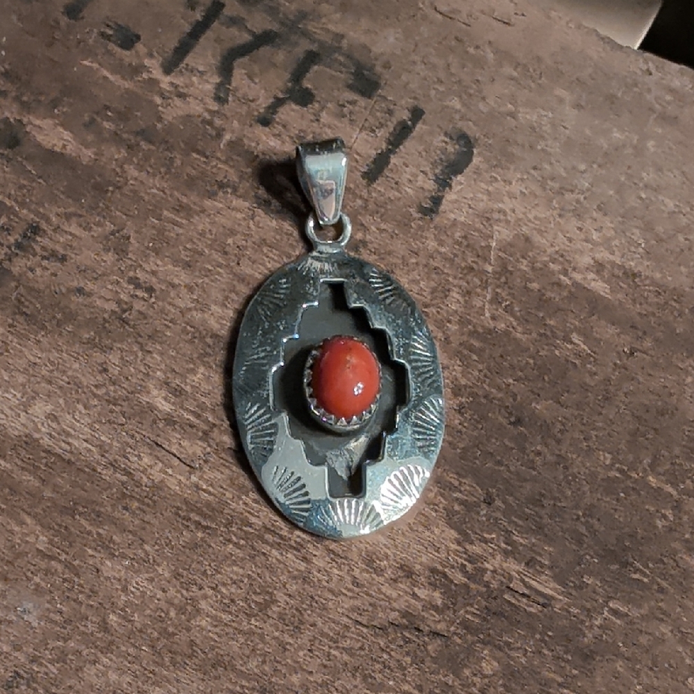 Sterling Silver Pendant with Coral Cabochon - Red Oval Stone